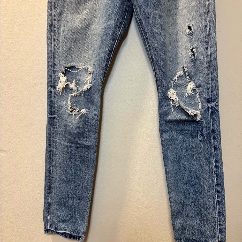 Slim Straight Distressed Light Blue Men's Jeans - Picture 3 of 16